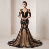 Black Champagne Lace Maxi Mermaid Wedding Dress with Long Sleeves