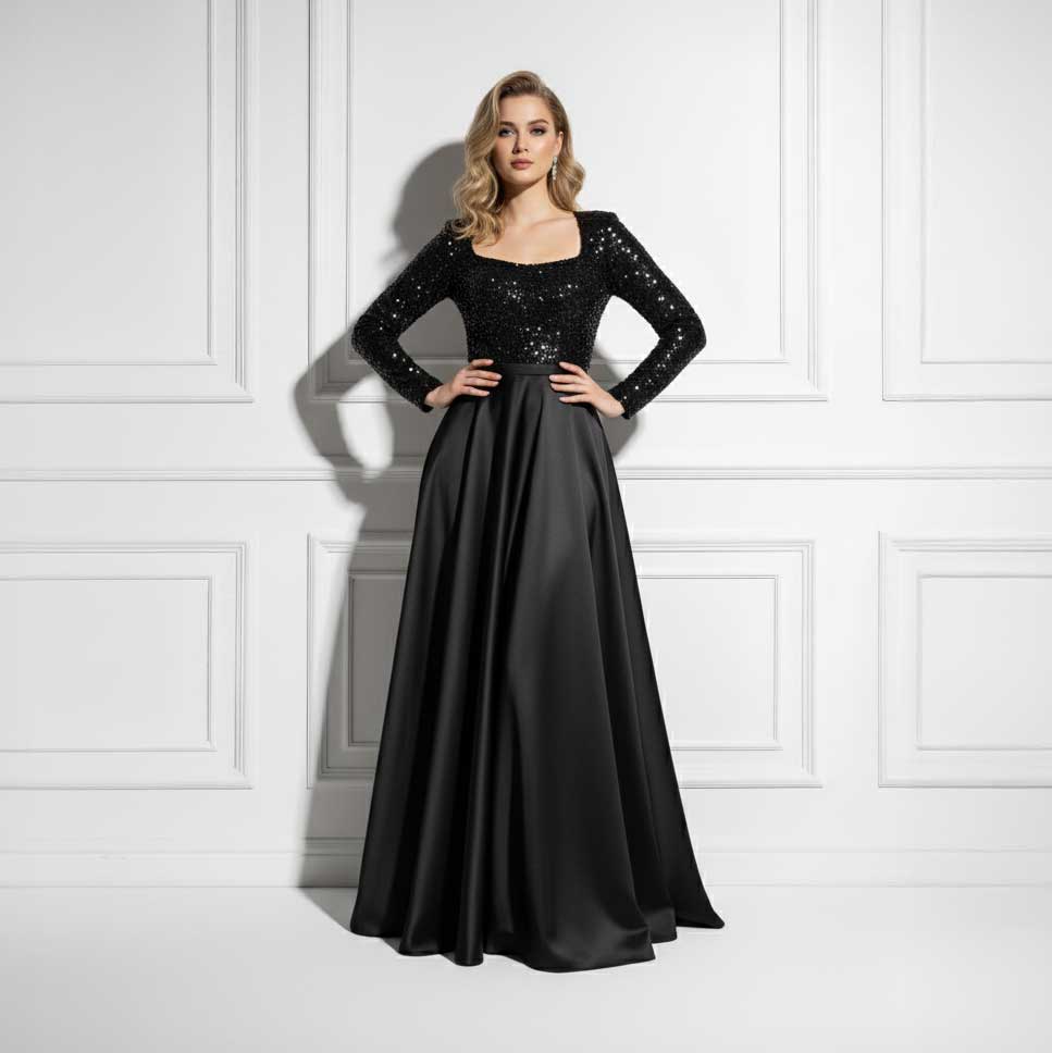 Sparkly Black Long Music Recital Dress with Long Sleeves Black / Size 24W Sparkly Black Long Music Recital Dress with Long Sleeves Black / Size 24W