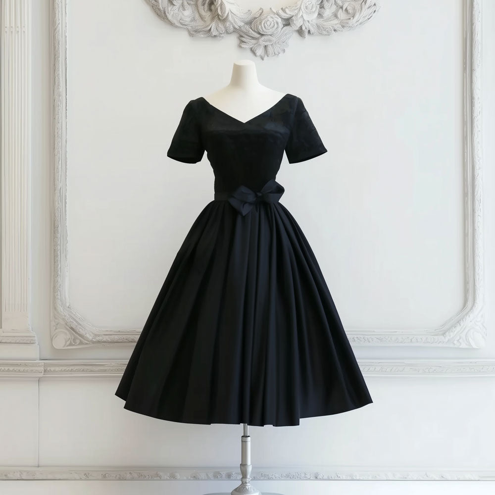Elegant Black Tea Length Dress with Short Sleeves DV3036 Size 18w / Black Elegant Black Tea Length Dress with Short Sleeves DV3036 Size 18w / Black