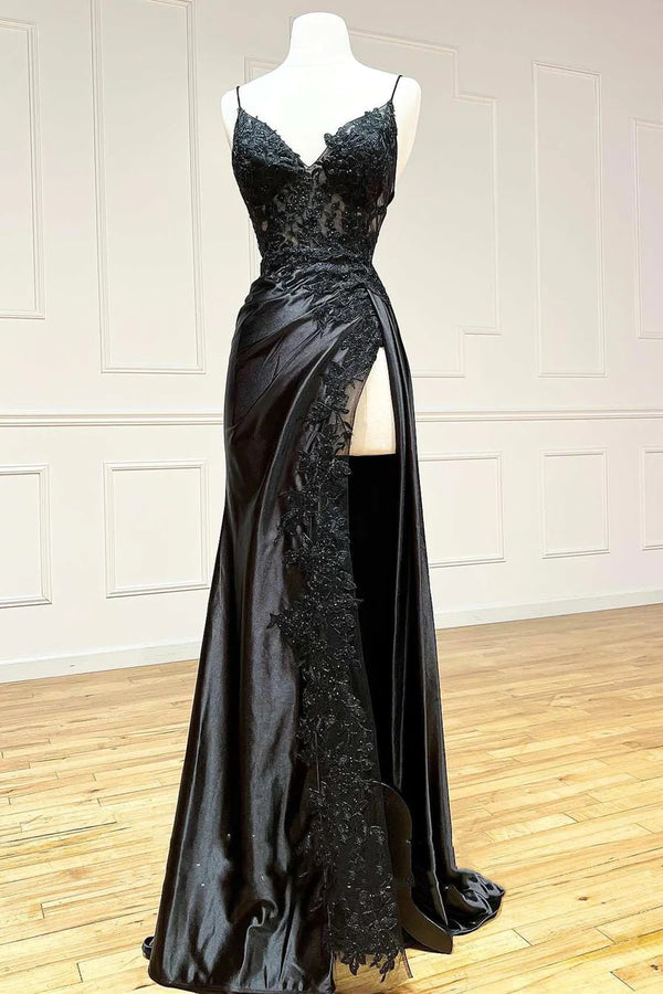 Classy Black Lace Side Split Evening Dress AL3020