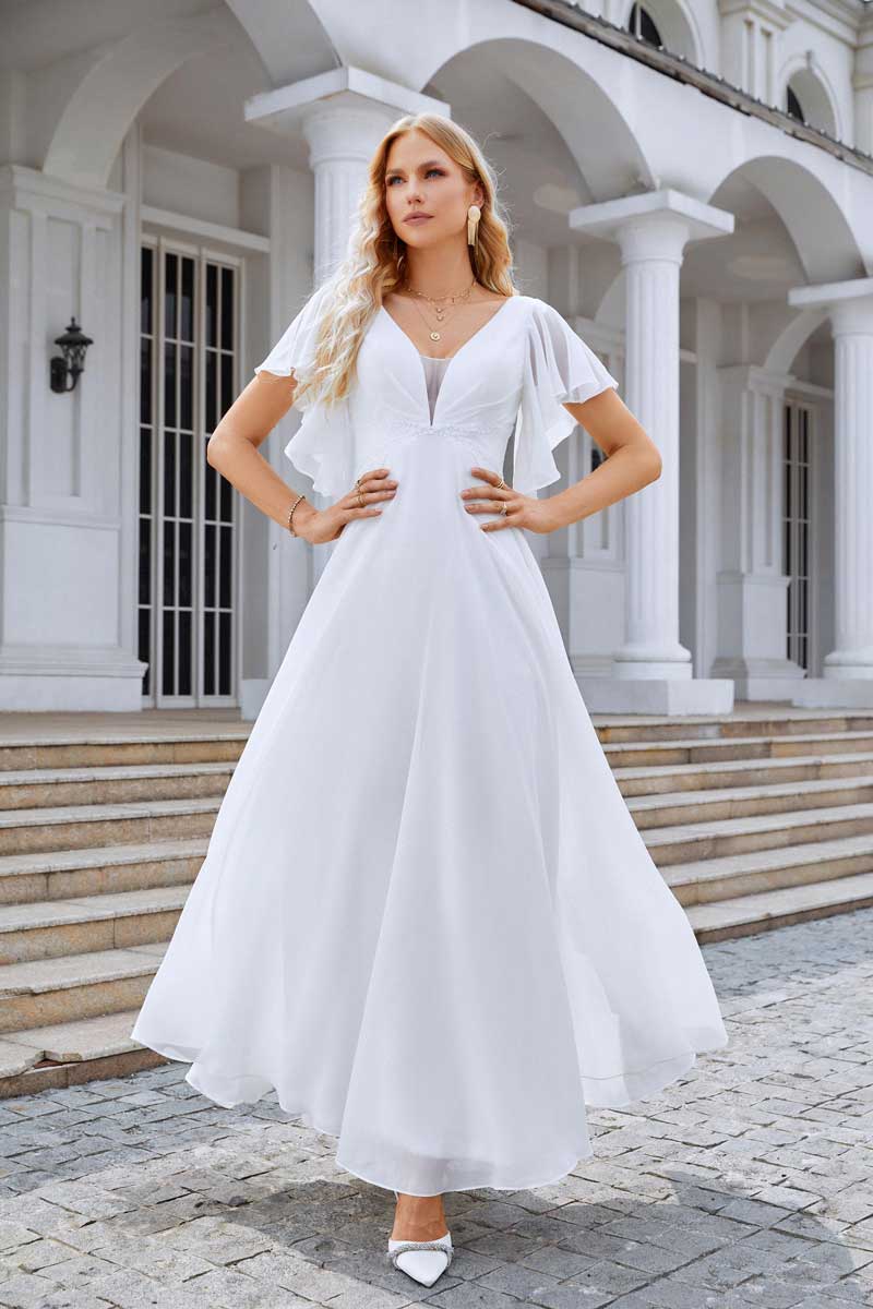 Chiffon Maxi Wedding Dress with Flutter Sleeves EN5712 Size 16W / White Chiffon Maxi Wedding Dress with Flutter Sleeves EN5712 Size 16W / White