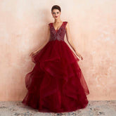Dark Red Ruffles Ball Gown Prom Formal Evening Dress EN3406