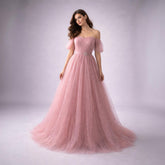 Off the Shoulder Maxi Glitter Tulle Prom Formal Evening Dress XH1076