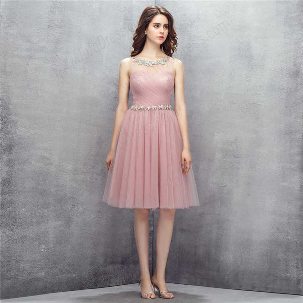 Vintage Dusty Pink Short Formal Dress with Jeweled Belt EN1009