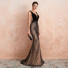 Elegant Black Fitted Maxi Formal Evening Dress EN3403