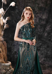 Green Sequins Maxi One Shoulder Fitted Mermaid Formal Evening Dress EN3904