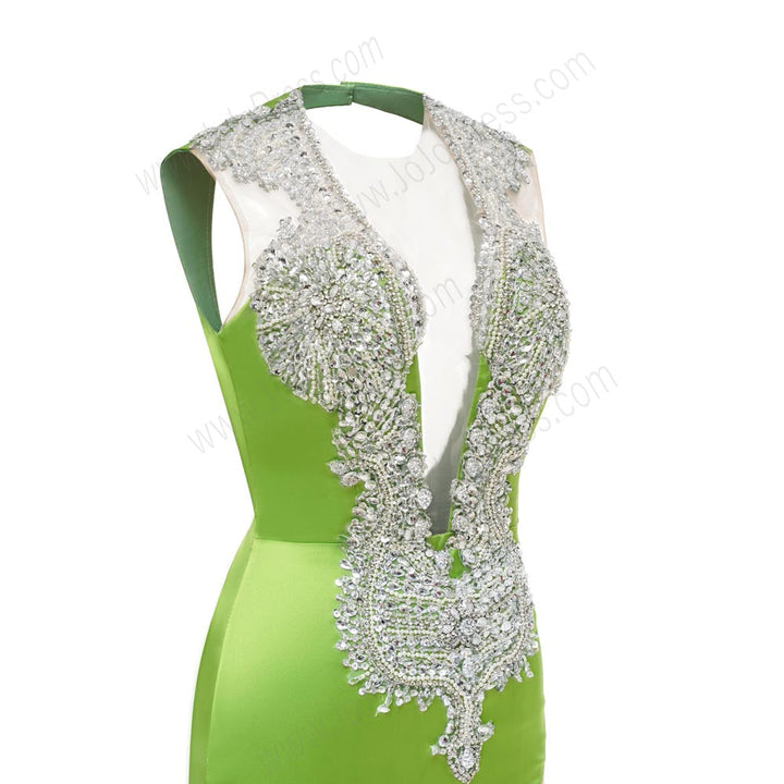 Green Sexy Maxi Fit and Flare Formal Prom Dress with Plunging Neckline and Open Back EN5805