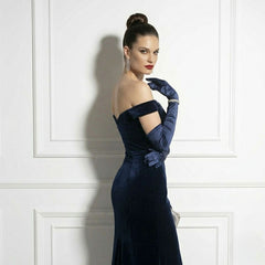 Long Navy Blue Satin Gloves for Formal Evening Wear