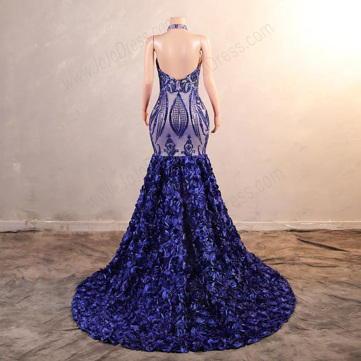 Blue Sequins Fitted Maxi Formal Evening Dress with Halter Neck EN5808