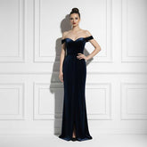 Navy Blue Maxi Velvet Formal Prom Evening Dress TS2601