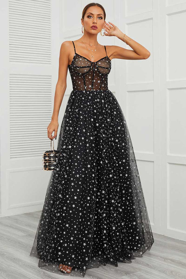 Black Maxi Formal Prom Dress with Stars EN5702