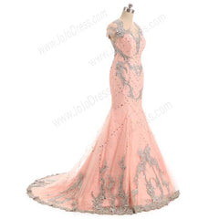 Peach Maxi Mermaid Lace Formal Evening Dress with Cap Sleeves EN1004