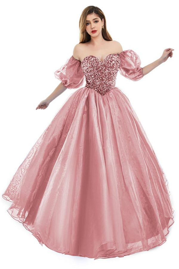 Pink Strapless Ball Gown Prom Evening Dress with Detached Sleeves EN5801
