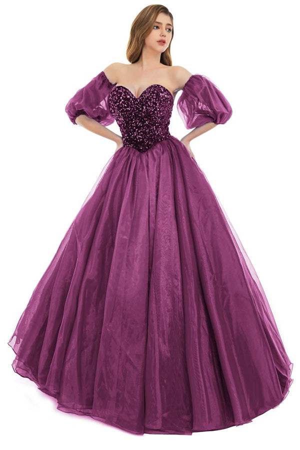 Purple Strapless Ball Gown Prom Evening Dress with Detached Sleeves EN5801