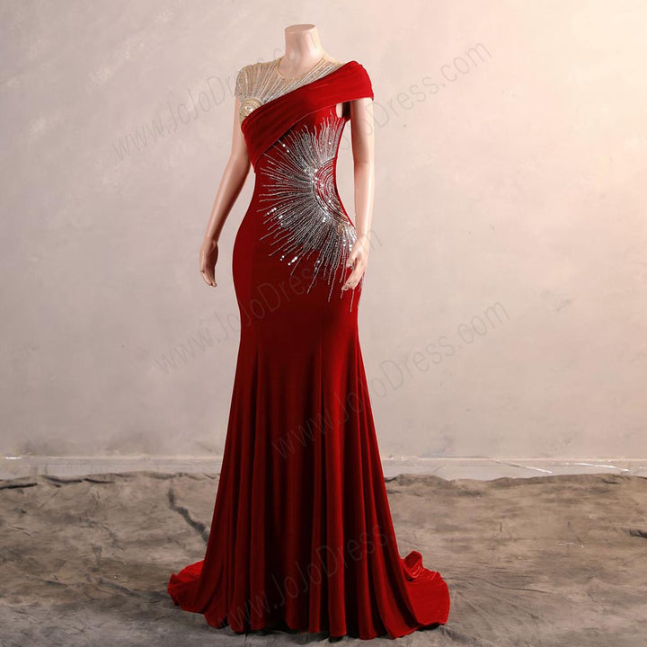 Red Velvet Maxi Fitted Formal Prom Evening Dress EN5809