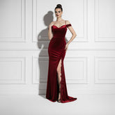 Maxi Long Red Velvet Formal Evening Dress with Side Slit TS2602