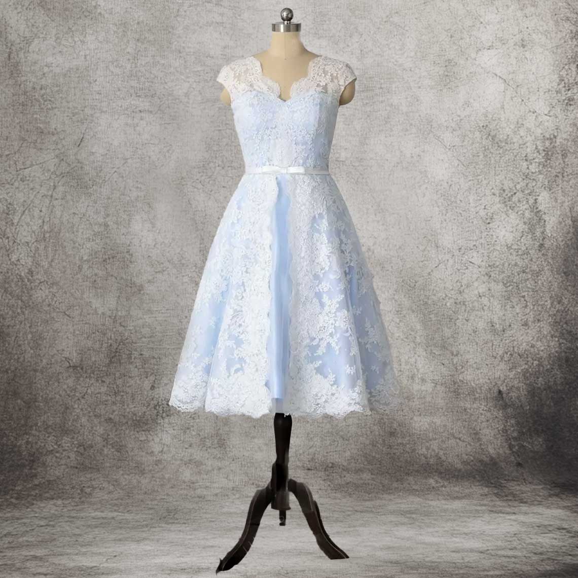 Blue Retro 1950s Vintage Tea Length Lace Wedding Dress DV3033 Size 0 / Blue Blue Retro 1950s Vintage Tea Length Lace Wedding Dress DV3033 Size 0 / Blue