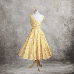 Yellow Retro 1950s Tea Length Dress with Sequins Lace DV3031