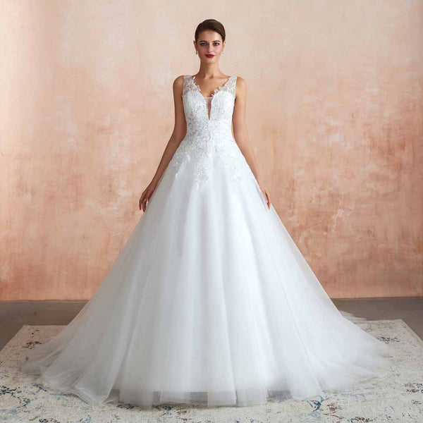 Lace Ball Gown Wedding Dress with Plunging Neck EN3416