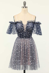 Navy Short Cocktail Polka Dot Semi Formal Dress EN5701