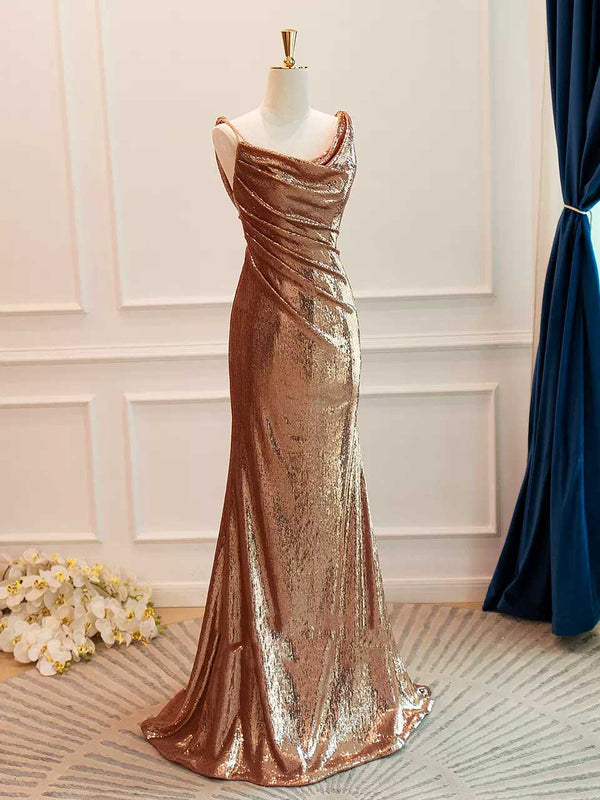 Gold Sparkly Sequins with Open Cowl Back Formal Prom Evening Dress AL3021