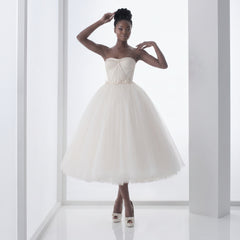 Retro 50s Strapless Tulle Ballerina Tea Length White Tulle Dress | DV1038