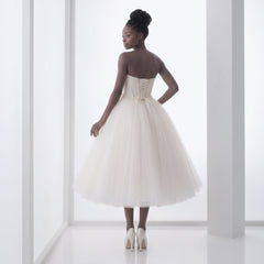 Retro 50s Strapless Tulle Ballerina Tea Length White Tulle Dress | DV1038