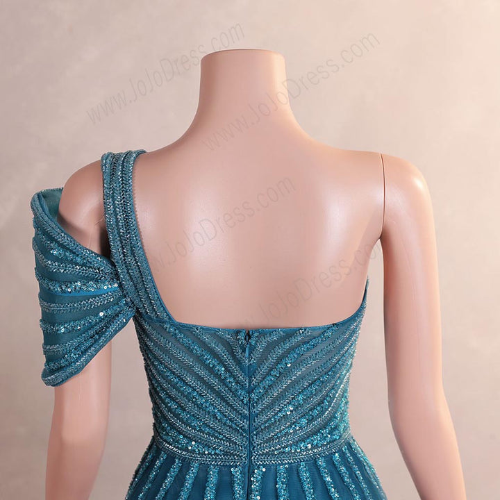 Sparkly Teal Maxi One Shoulder Formal Prom Evening Dress EN5811