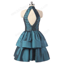 Teal Halter Short Cocktail Dress with Tiered Skirt EN1012