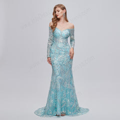 Turquoise Maxi Fitted Formal Prom Evening Dress with Off Shoulder Neck EN5202
