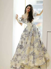 Unqiue Maxi Prom Pageant Ball Gown Evening Dress with Off Shoulder Sleeves TB2401