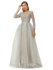 Silver Glitter Lace Maxi Ball Gown Formal Prom Gala Dress EN4514