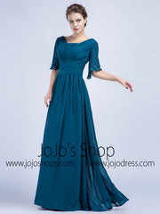 Teal Chiffon Full Length Graduation Dress with Sleeves