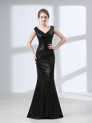 Elegant Black Sequined Long Formal Evening Dress