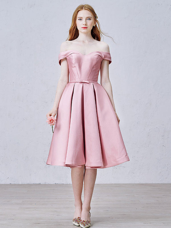 Pink Satin Off Shoulder Bridesmaid Dress