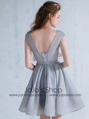 Short Gray Bridesmaid Dress with Short Sleeves