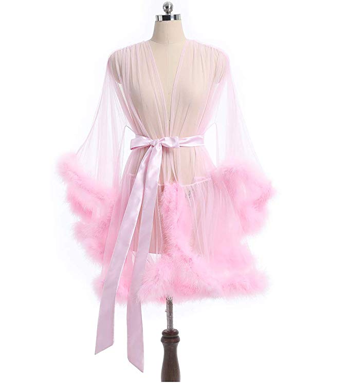 Short Pink Marabou Fur Edge Robe RB1332 Size S / Pink Short Pink Marabou Fur Edge Robe RB1332 Size S / Pink
