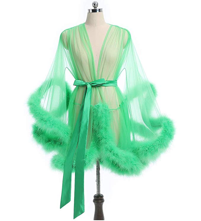 Short Green Marabou Fur Edge Robe RB1332 Size L / Green Short Green Marabou Fur Edge Robe RB1332 Size L / Green