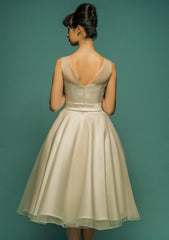 Retro Vintage Tea Length Organza Dress with V Back