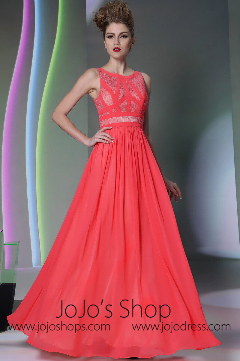 Watermelon Red Jewel Neck Formal Prom Evening Dress DQ830955 Watermelon Red Jewel Neck Formal Prom Evening Dress DQ830955