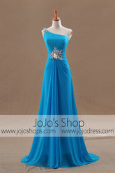 Grecian Goddess Blue Asymetrical One Shoulder Formal Prom Dress | G1091