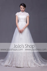 Modest Keyhole A-line Cap Sleeves Lace Overlay Dress | G2004