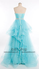Ice blue strapless evening dress