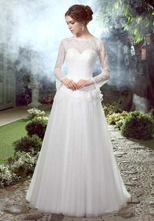 whimsical long sleeve dress Whimsical 3D Floral A-line Wedding Dress with Off-the-Shoulder Blouson Sleeves