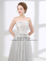 Strapless Dove Gray Tulle Floor Length Evening Dress