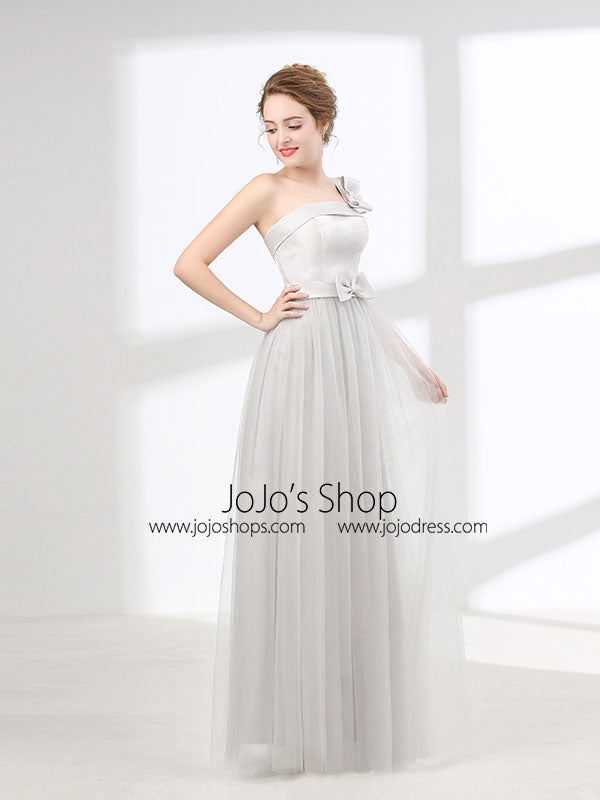 One Shoulder Soft Gray Floor Length Prom Evening Dress 