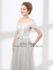 Off Shoulder Gray Formal Floor Length Evening Dress