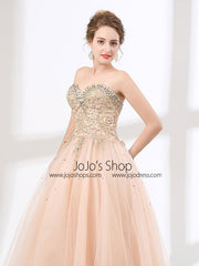 Blush Peach Strapless Ball Gown Formal Prom Pagaent Evening Dress