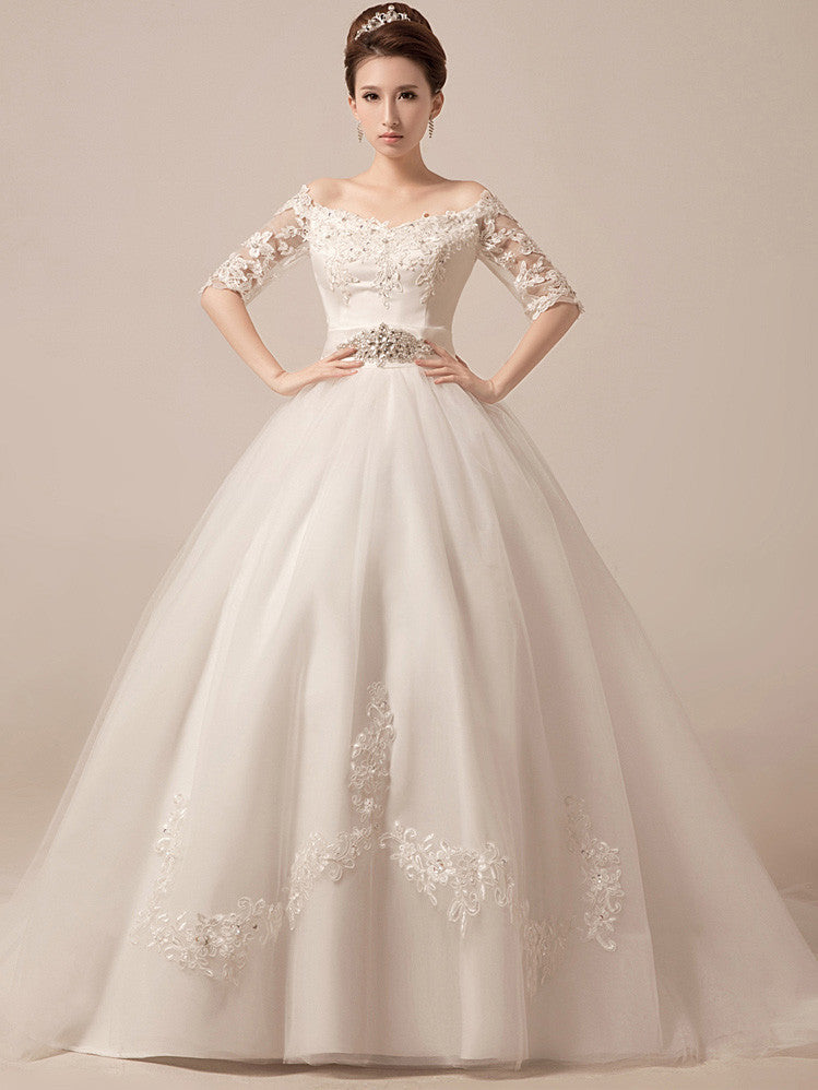 Off Shoulder Ball Gown Dress Debutante Ball Gown with Sleeves Size 4 / Ivory Off Shoulder Ball Gown Dress Debutante Ball Gown with Sleeves Size 4 / Ivory