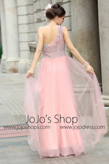 Pink Grecian Formal Prom Beauty Pageant Dress in Sparkly Tulle